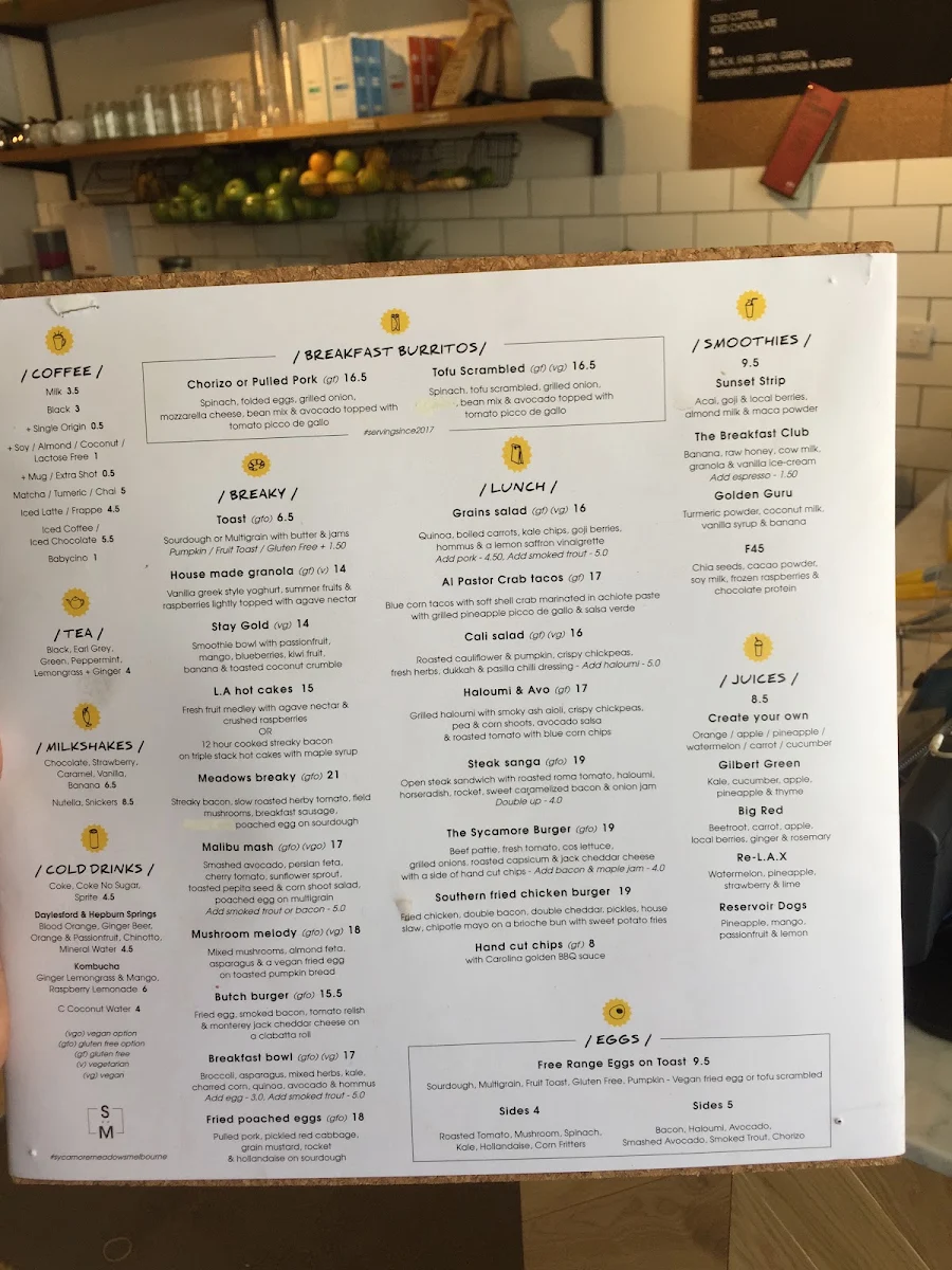 Menu, Sycamore Meadows Melbourne