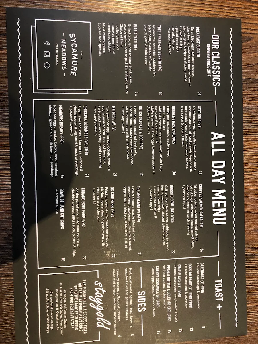 Menu, Sycamore Meadows Melbourne