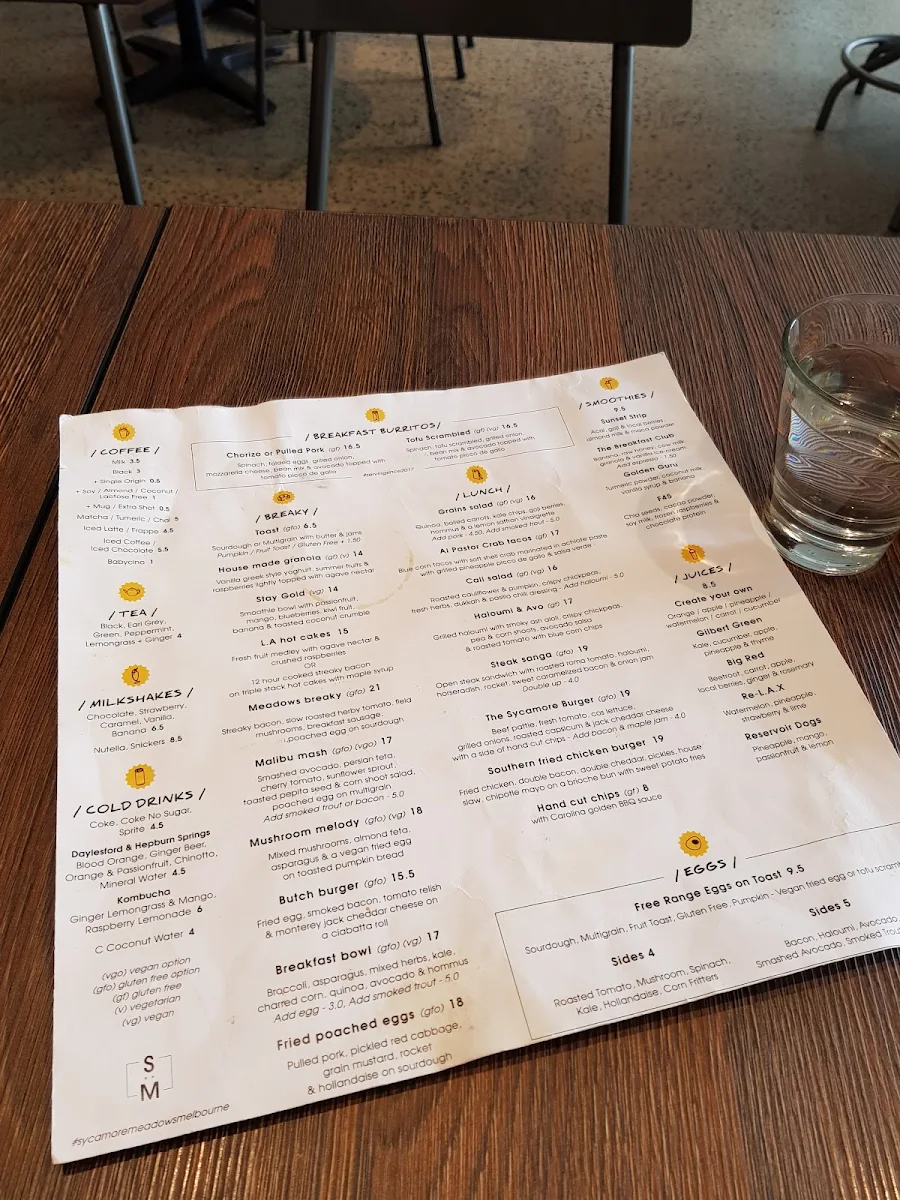 Menu, Sycamore Meadows Melbourne
