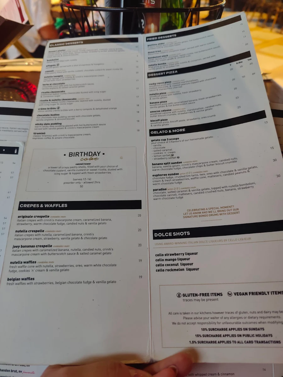Menu, Criniti's Karrinyup