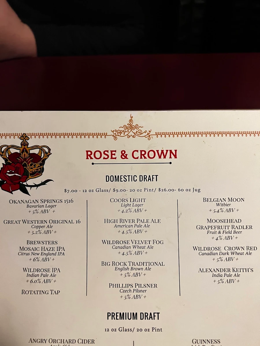 Menu, Rose & Crown Restaurant & Pub