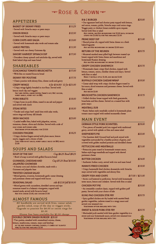 Menu, Rose & Crown Restaurant & Pub