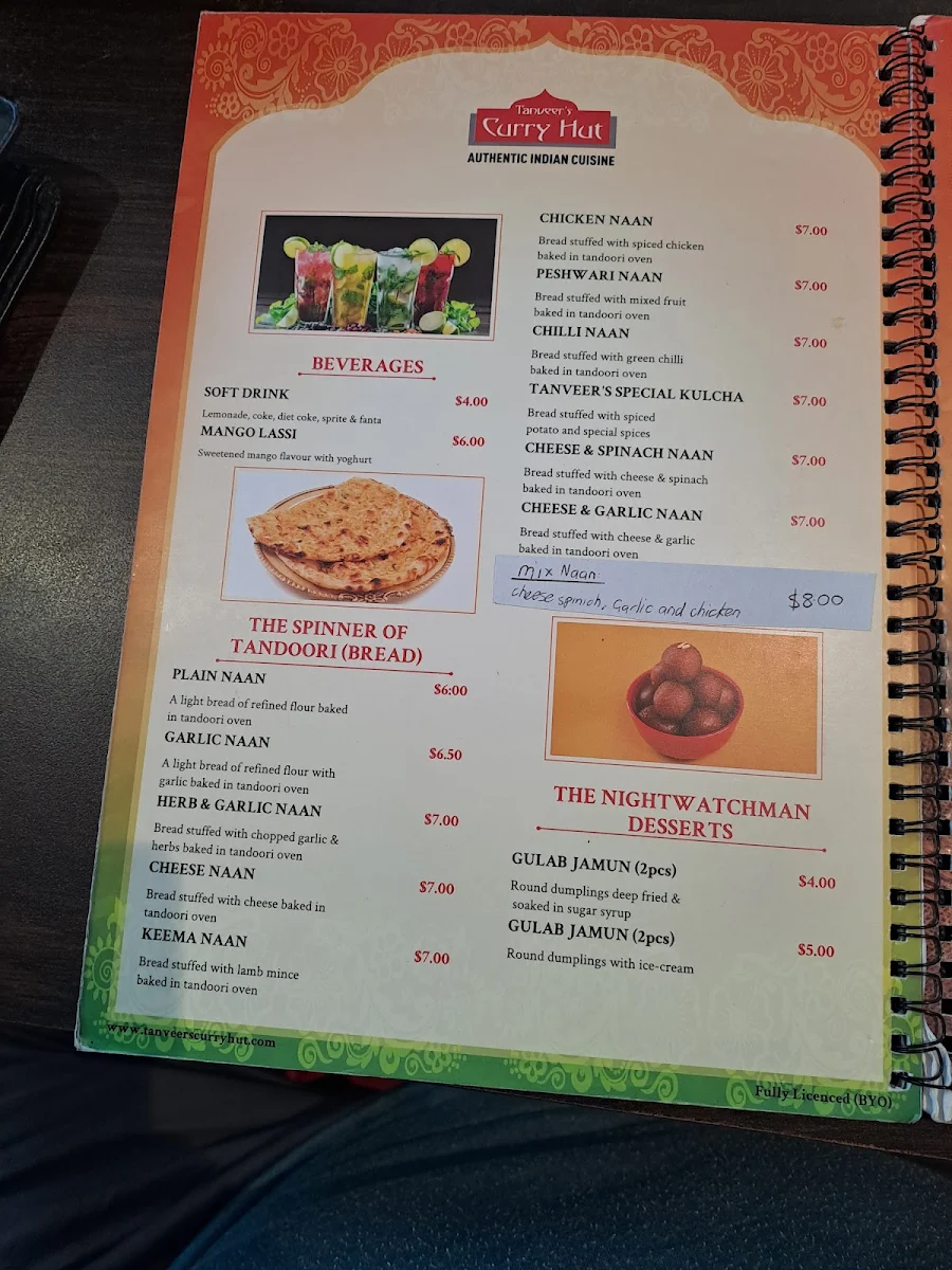 Menu, Tanveer's Curry Hut Boonah