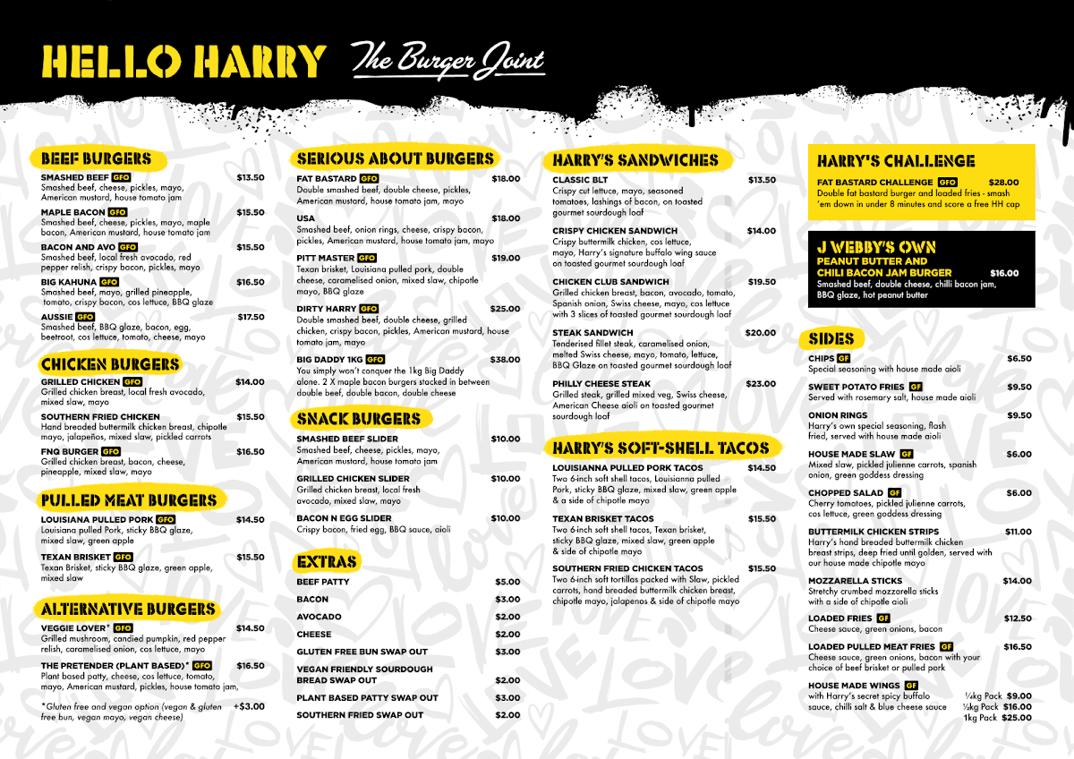 Menu, Hello Harry The Burger Joint (Ipswich)