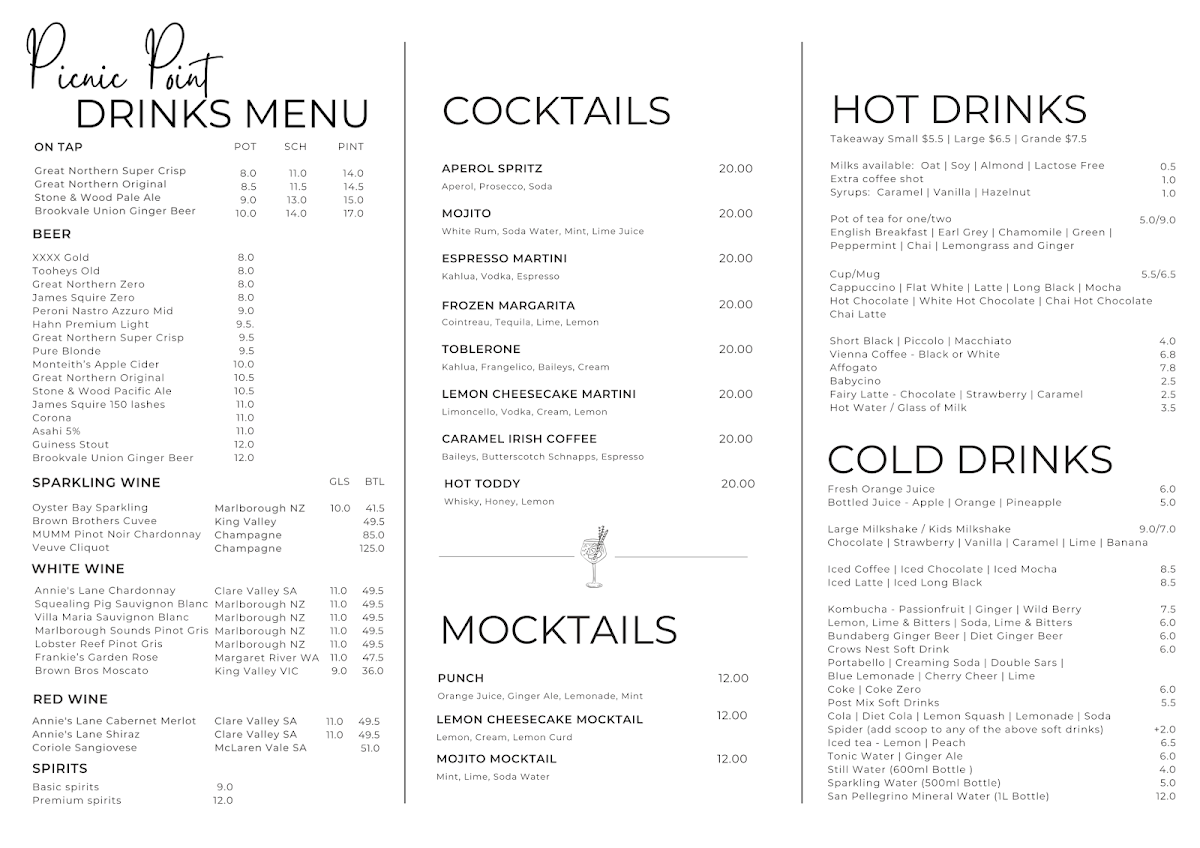 Menu, Picnic Point Toowoomba