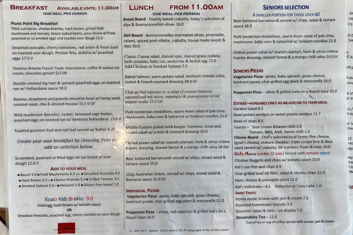 Menu, Picnic Point Toowoomba
