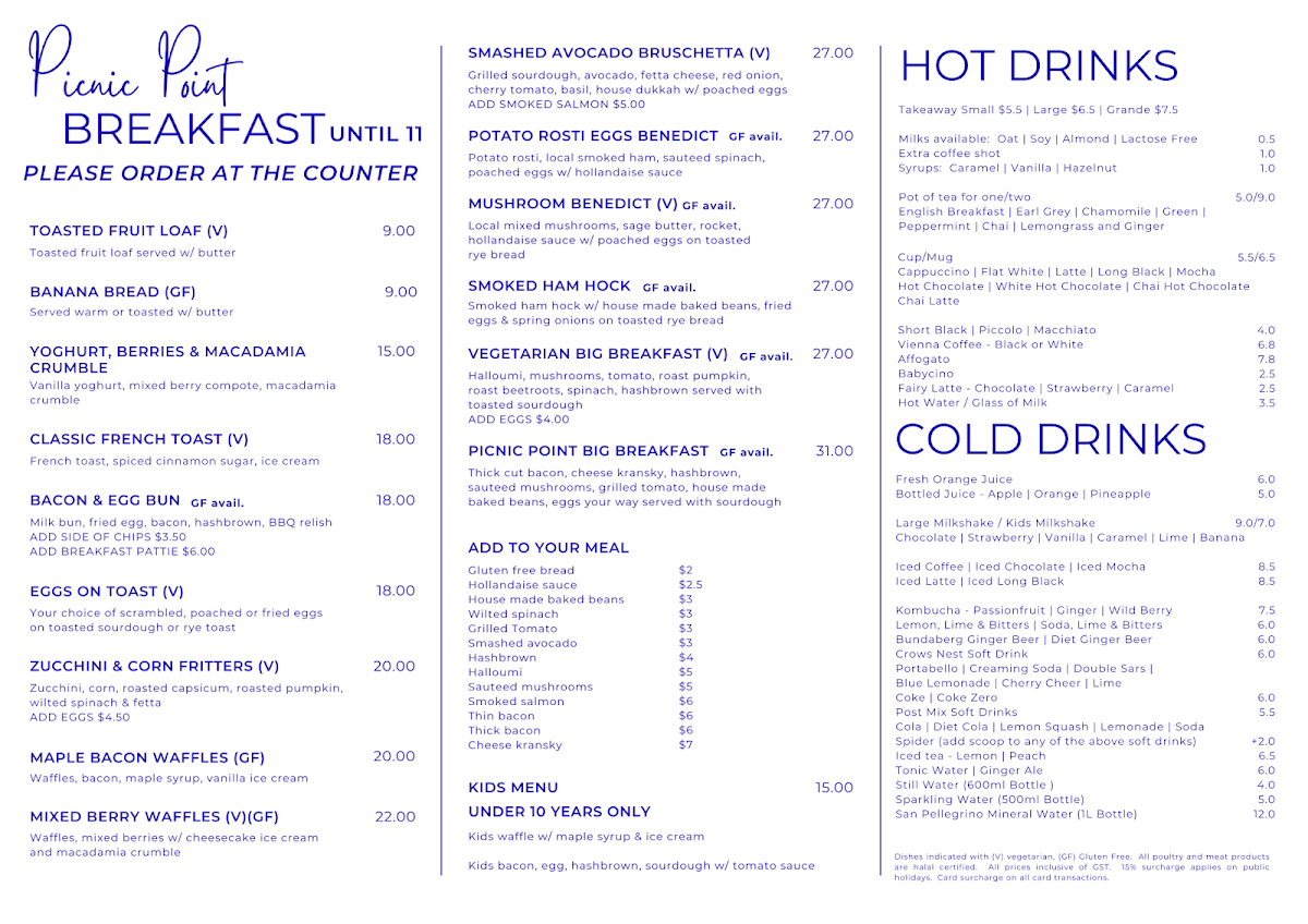 Menu, Picnic Point Toowoomba