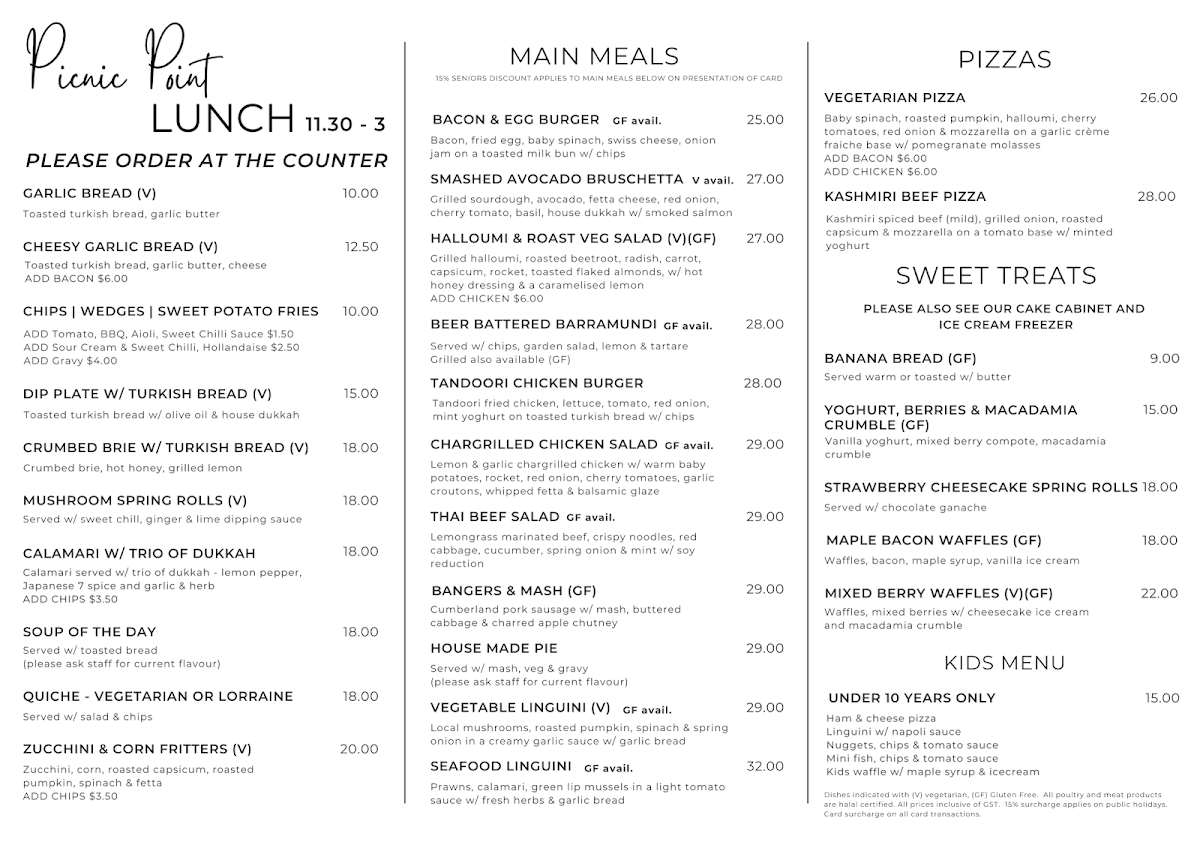 Menu, Picnic Point Toowoomba