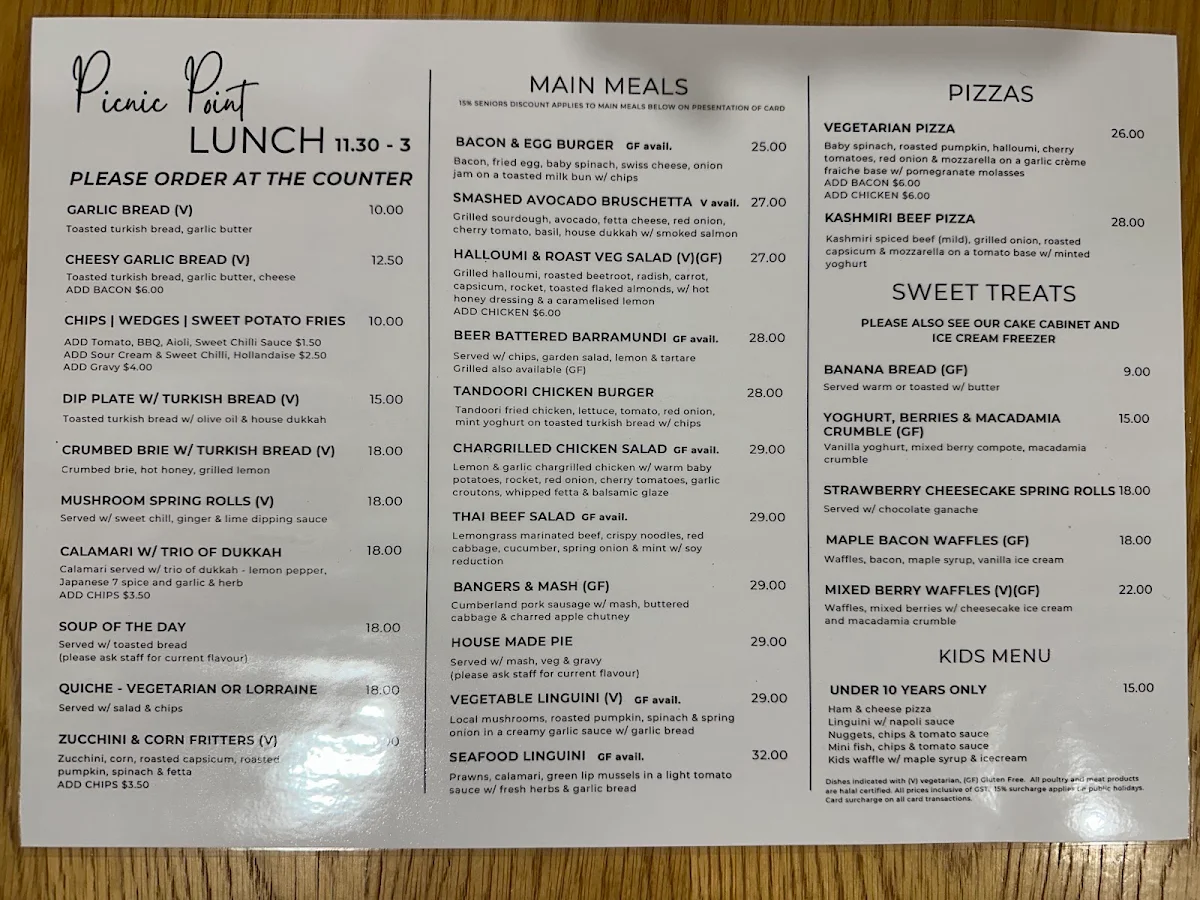 Menu, Picnic Point Toowoomba