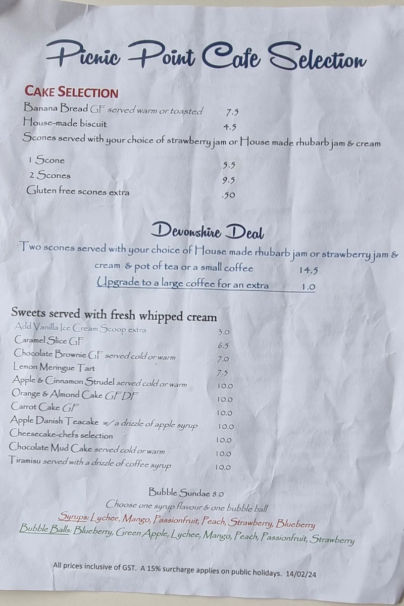Menu, Picnic Point Toowoomba