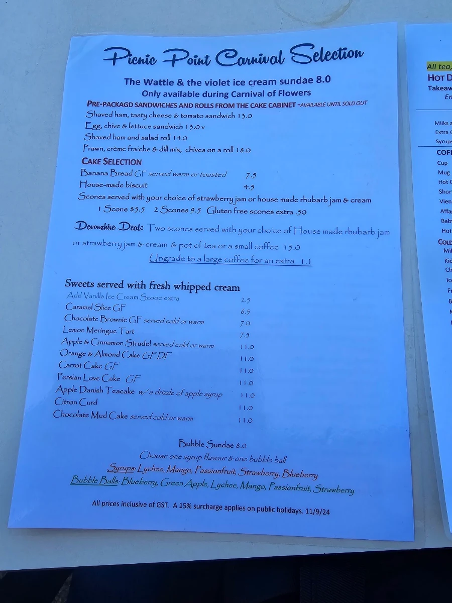 Menu, Picnic Point Toowoomba