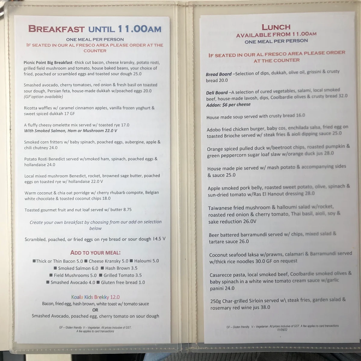 Menu, Picnic Point Toowoomba