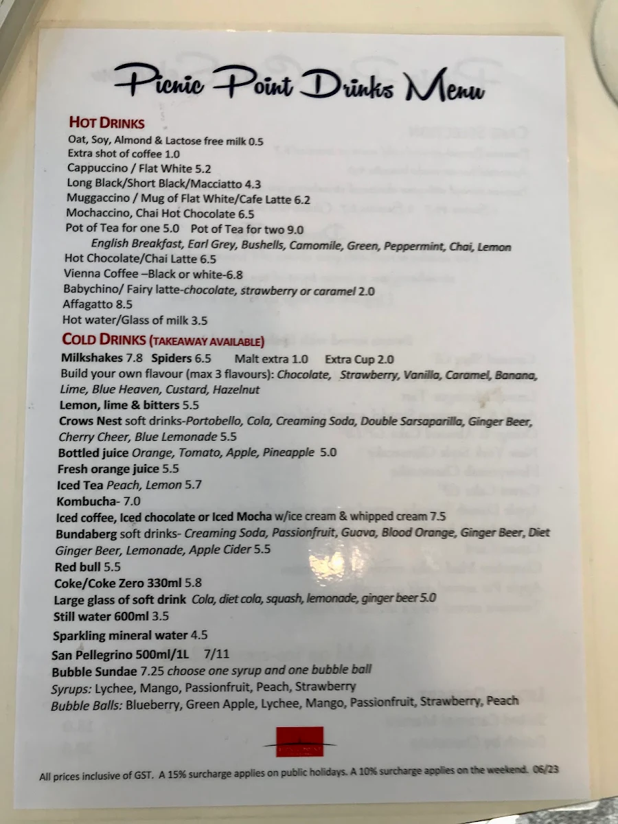 Menu, Picnic Point Toowoomba