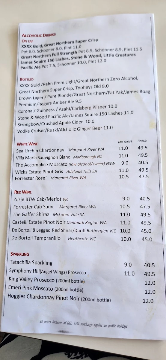 Menu, Picnic Point Toowoomba