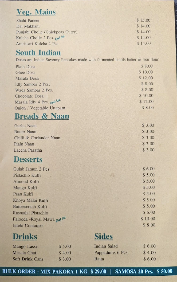 Menu, Jas's Indian Kitchen