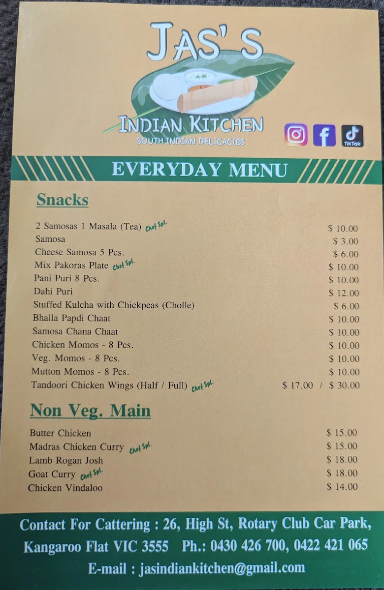 Menu, Jas's Indian Kitchen