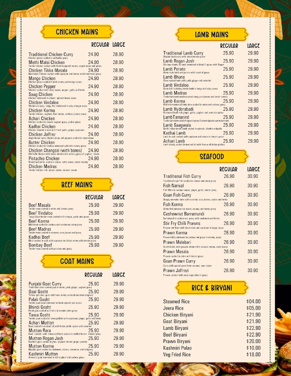 Menu, KARIGAR INDIAN RESTAURANT
