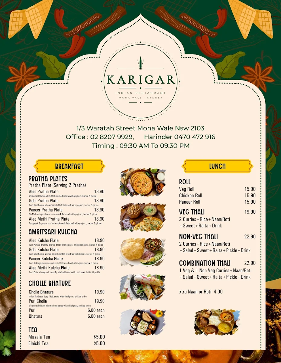 Menu, KARIGAR INDIAN RESTAURANT