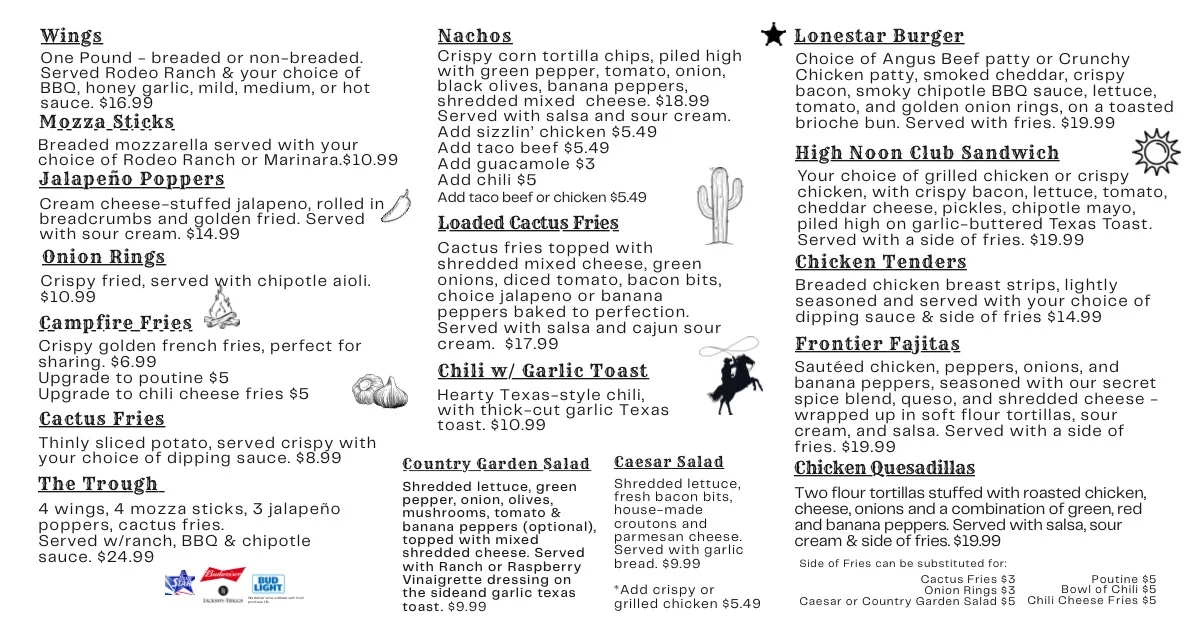 Menu, Wild West Tavern & Pizzeria