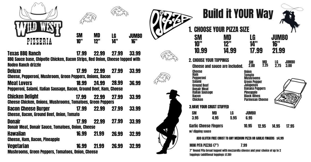 Menu, Wild West Tavern & Pizzeria