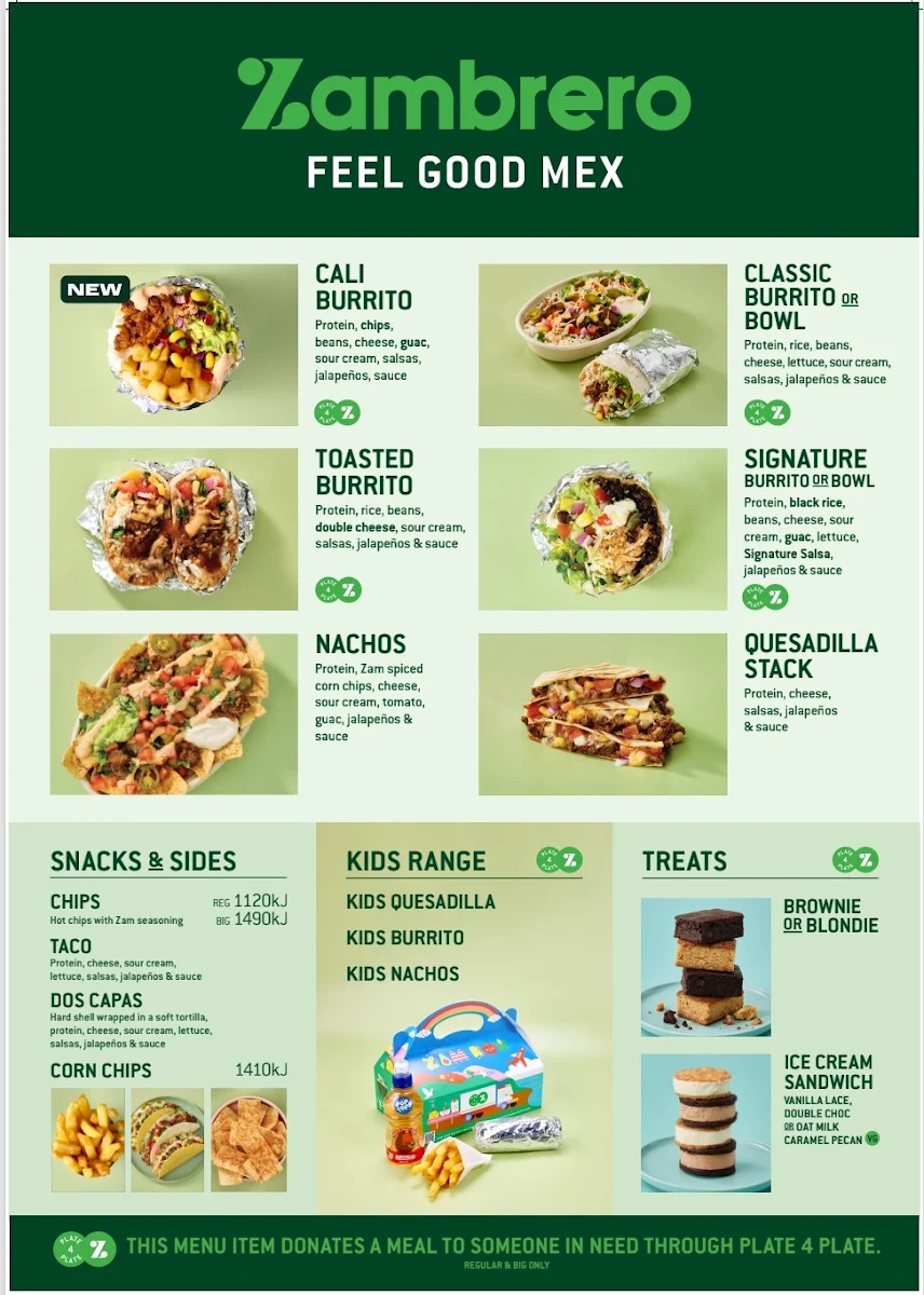 Menu, Zambrero Coopers Plains