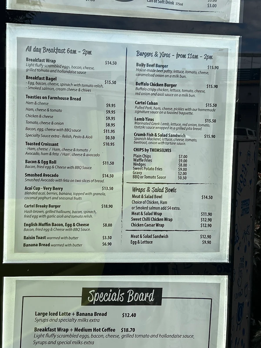 Menu, Coffee Cartel NQ - Thuringowa