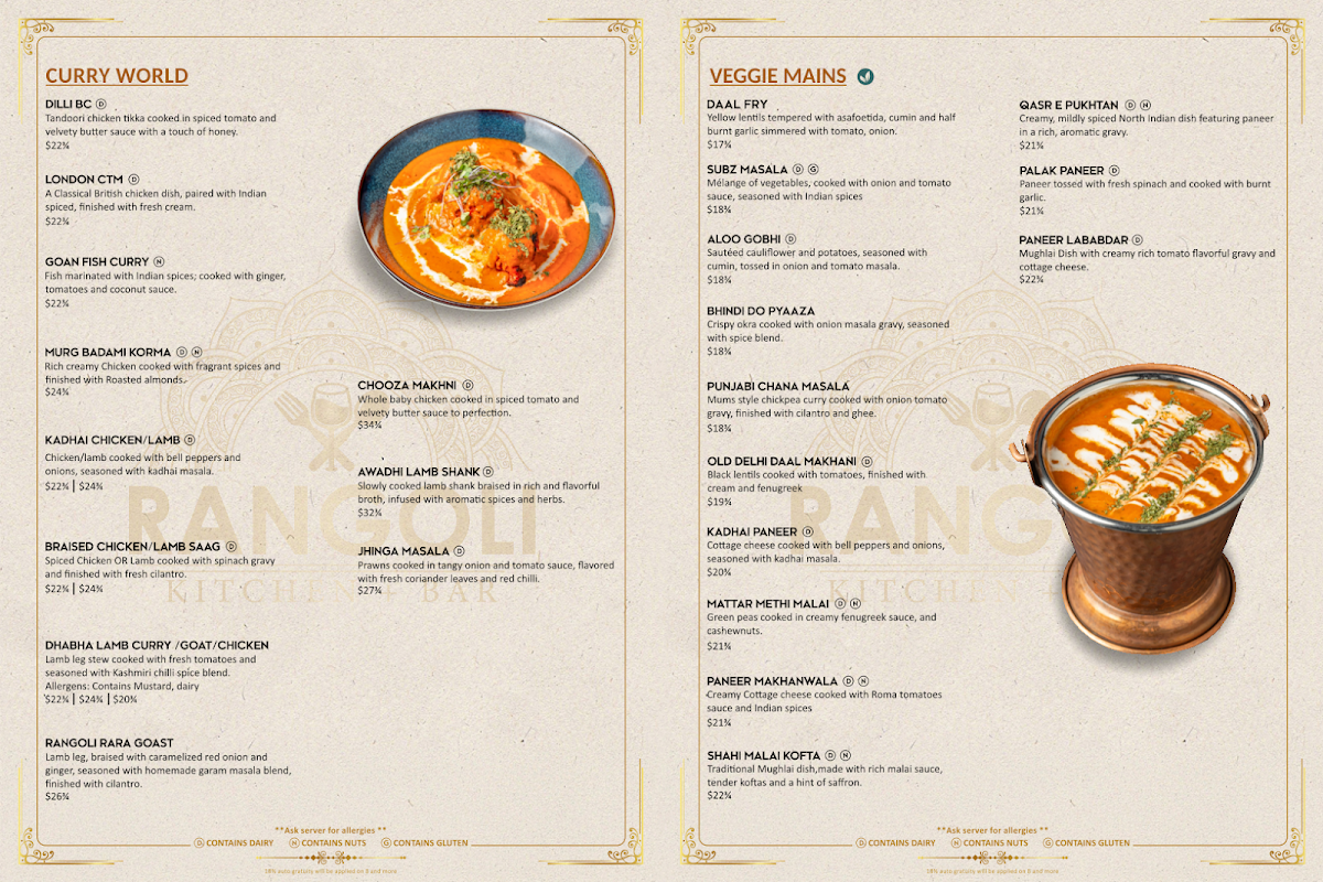 Menu, Rangoli Kitchen + Bar