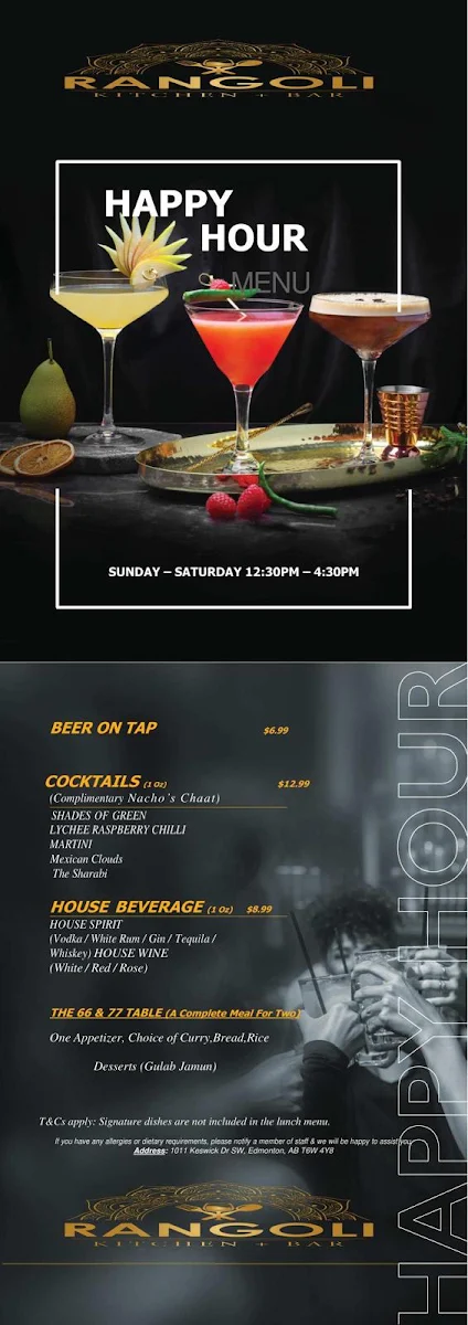 Menu, Rangoli Kitchen + Bar