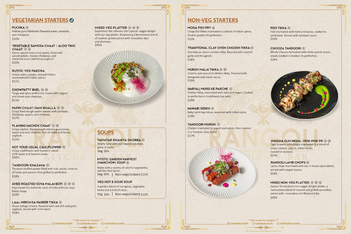 Menu, Rangoli Kitchen + Bar