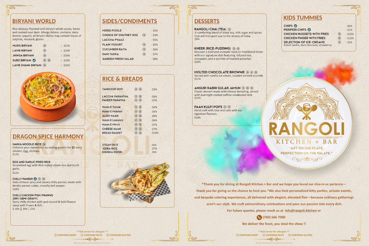 Menu, Rangoli Kitchen + Bar