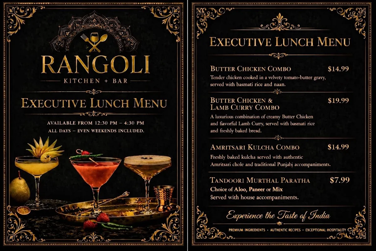 Menu, Rangoli Kitchen + Bar