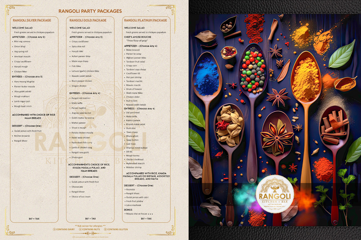 Menu, Rangoli Kitchen + Bar