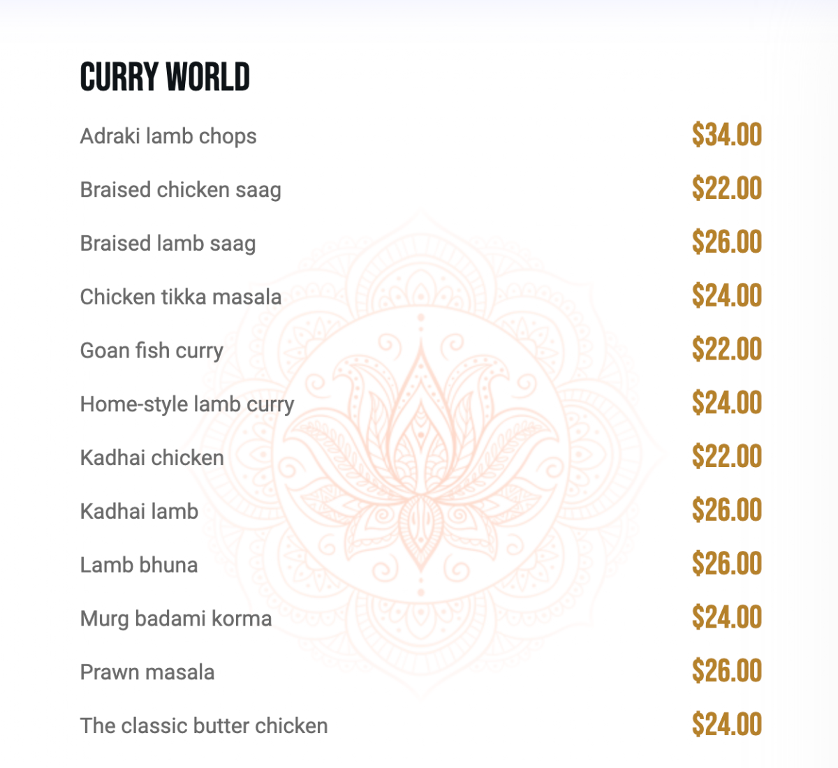 Menu, Rangoli Kitchen + Bar