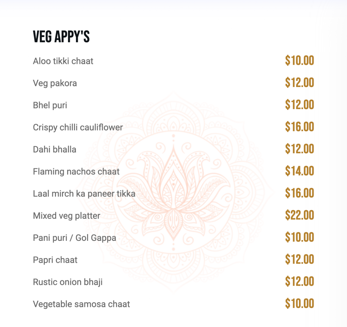 Menu, Rangoli Kitchen + Bar