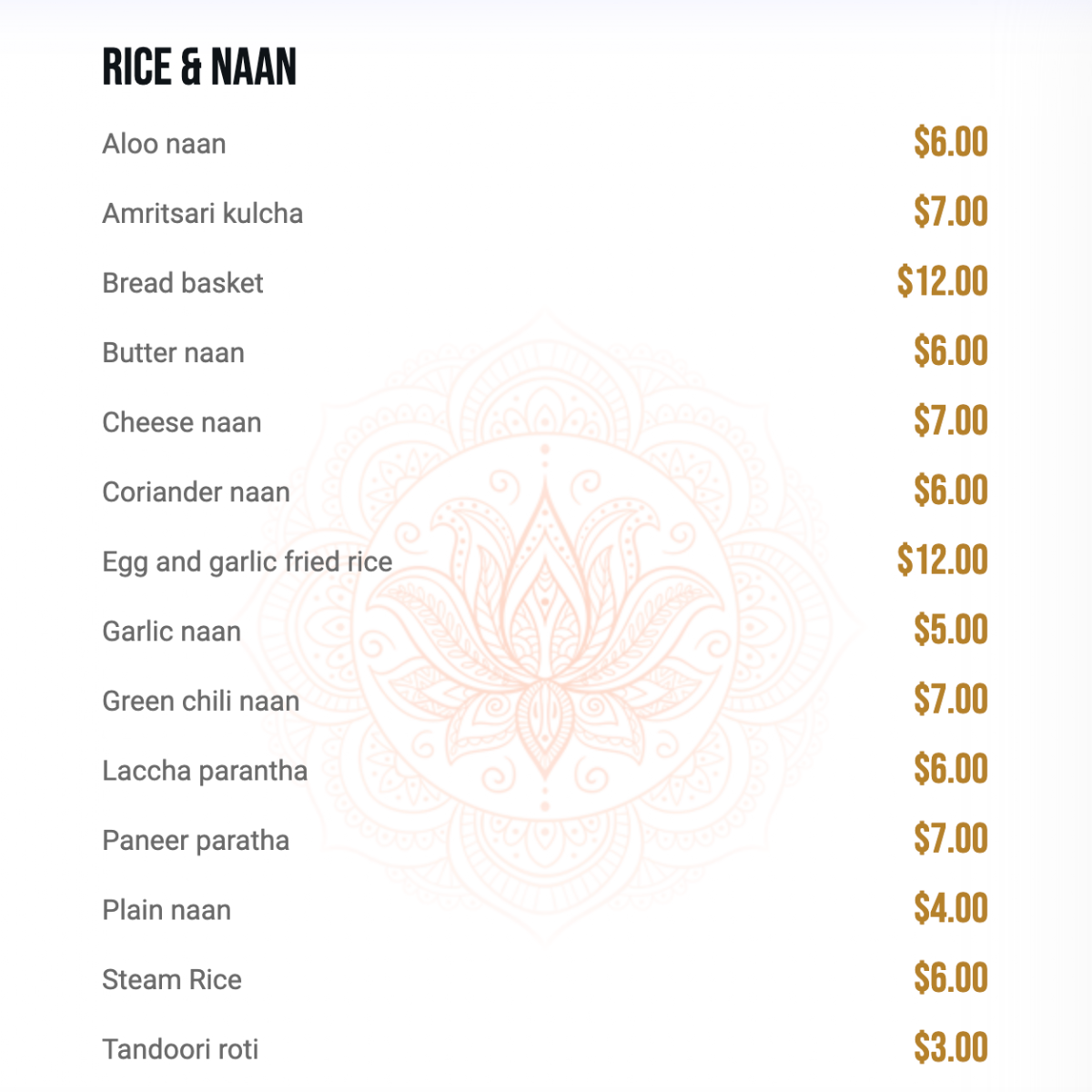 Menu, Rangoli Kitchen + Bar