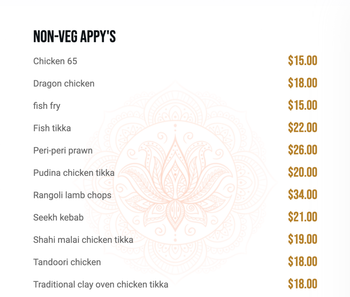 Menu, Rangoli Kitchen + Bar