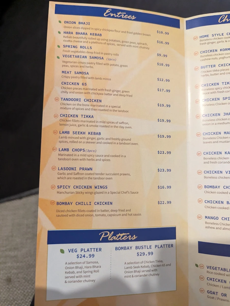 Menu, Bombay Bustle Indian Restaurant