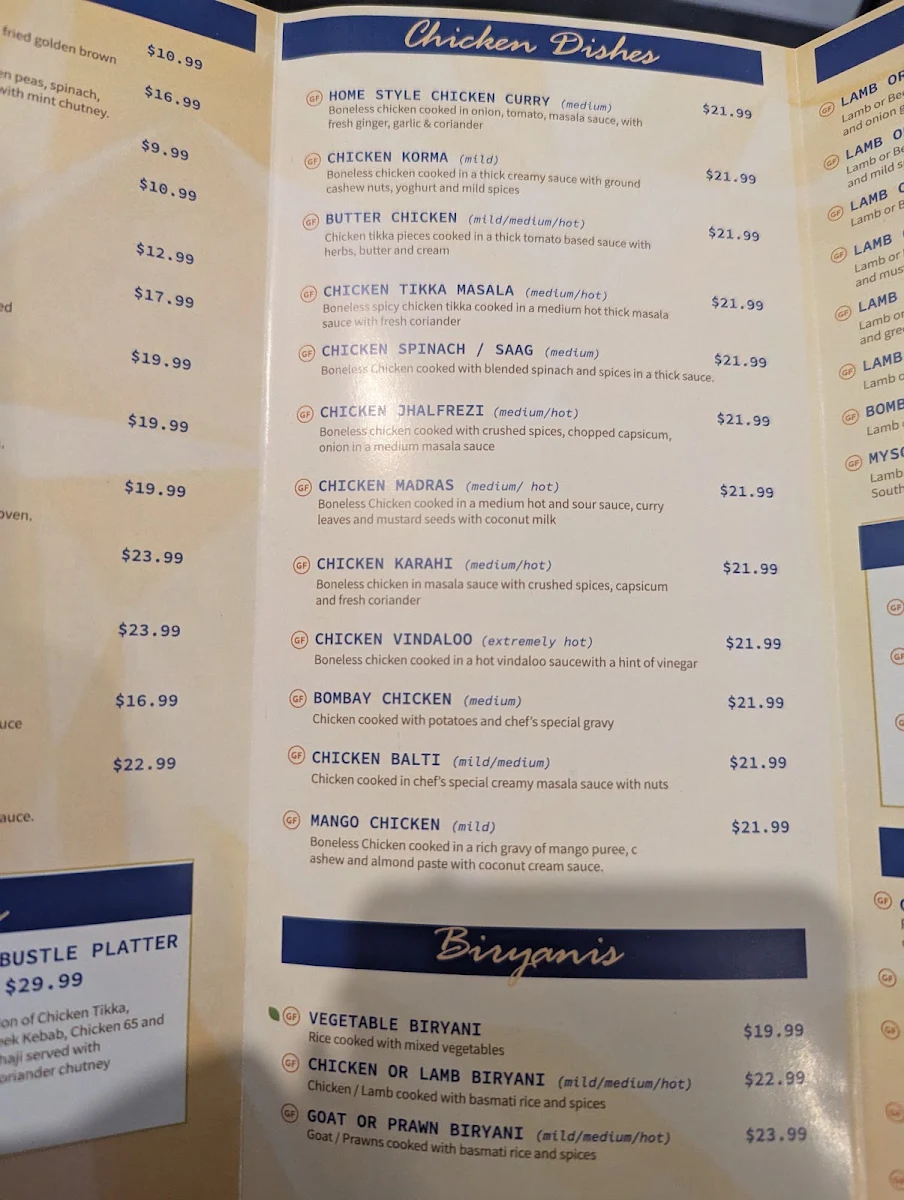 Menu, Bombay Bustle Indian Restaurant