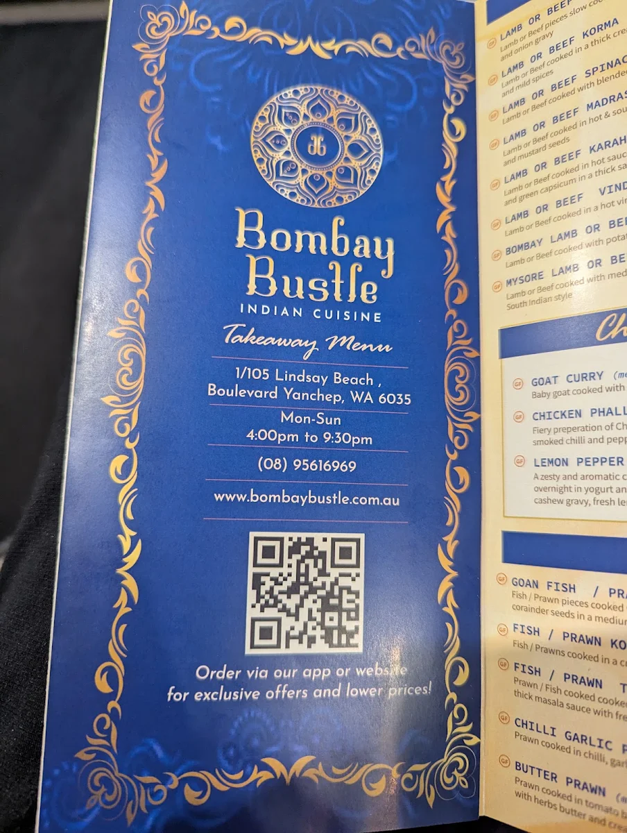 Menu, Bombay Bustle Indian Restaurant