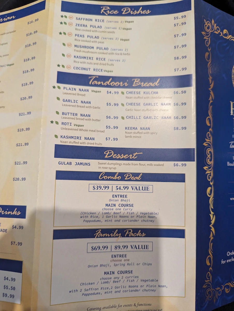 Menu, Bombay Bustle Indian Restaurant
