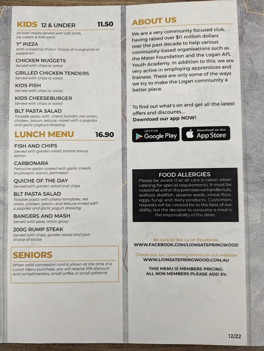 Menu, LIONS@springwood