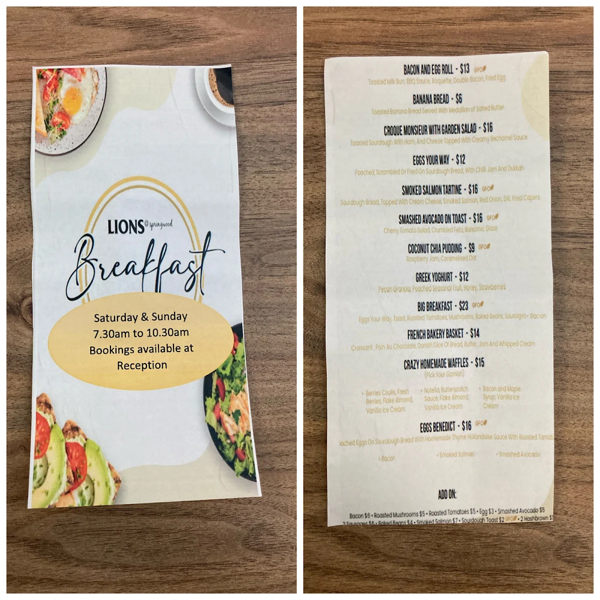 Menu, LIONS@springwood
