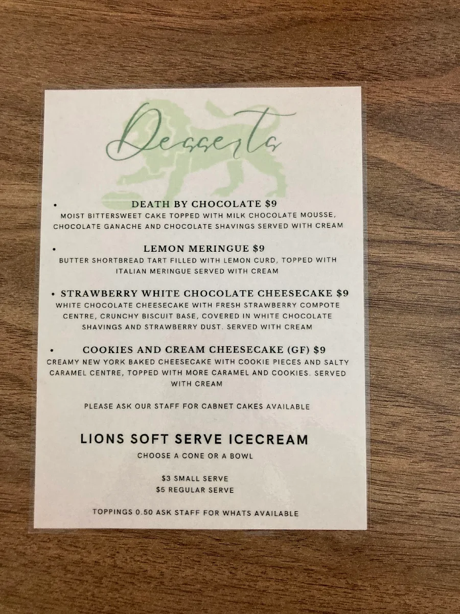 Menu, LIONS@springwood
