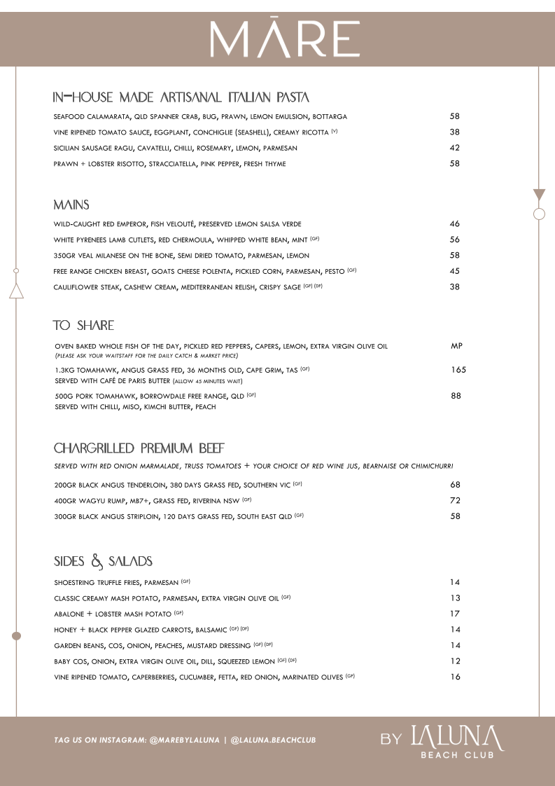 Menu, La Luna Beach Club