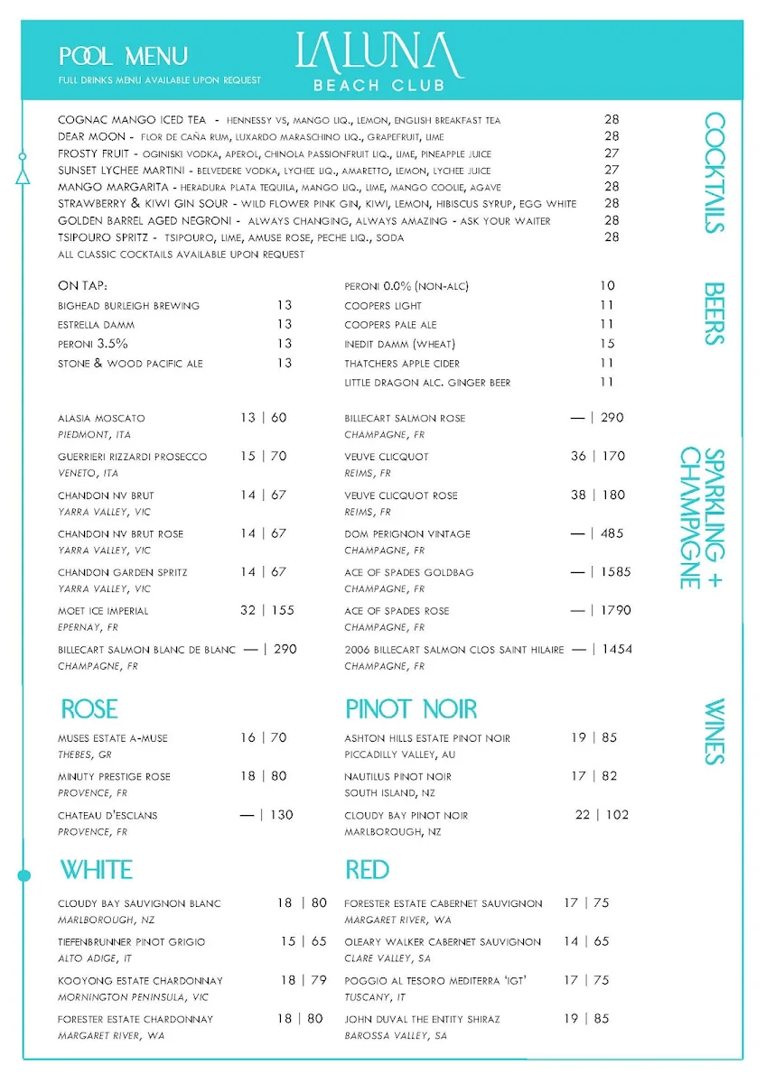 Menu, La Luna Beach Club