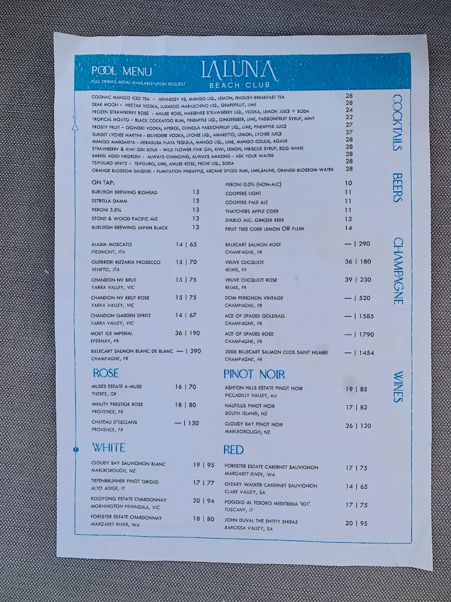 Menu, La Luna Beach Club