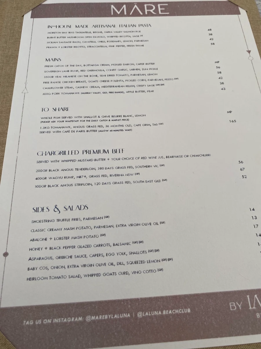 Menu, La Luna Beach Club