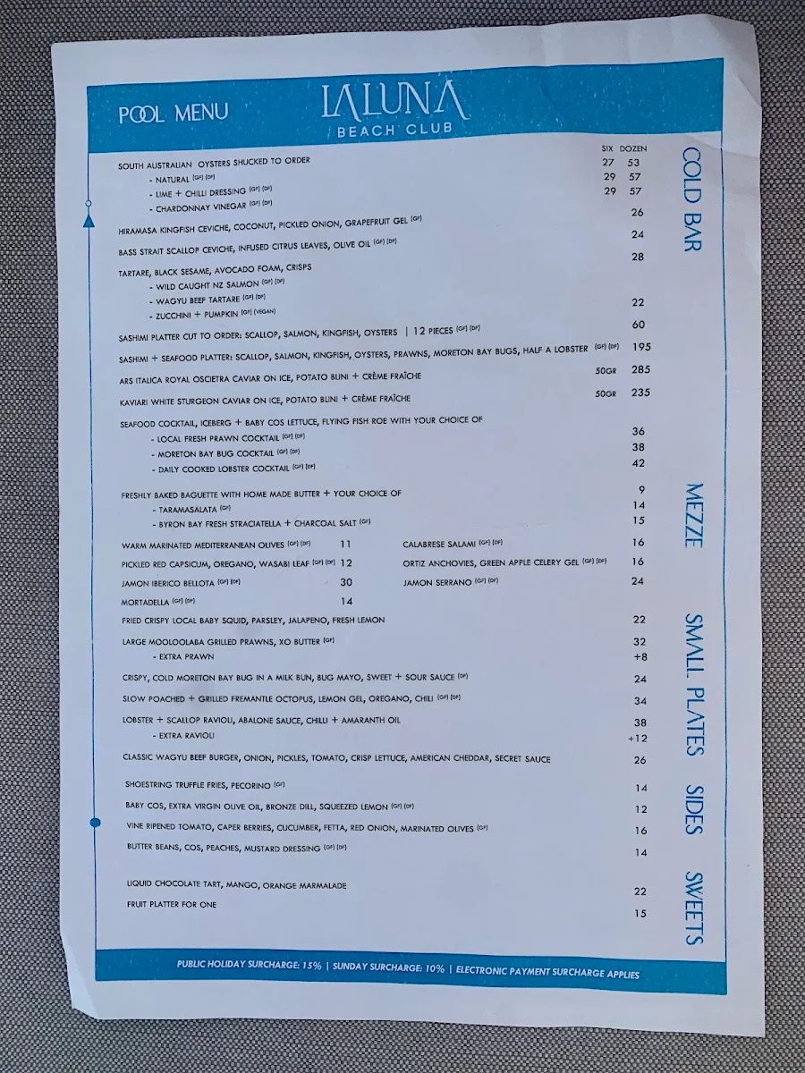 Menu, La Luna Beach Club