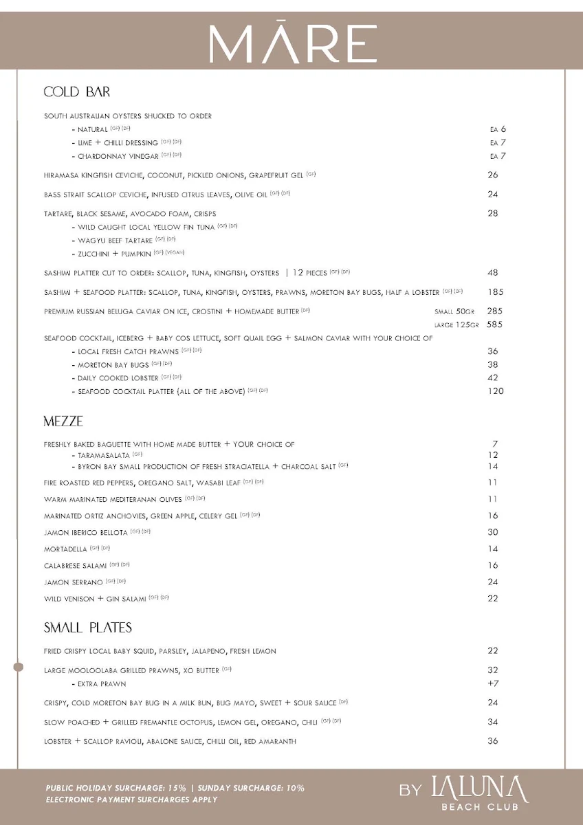 Menu, La Luna Beach Club