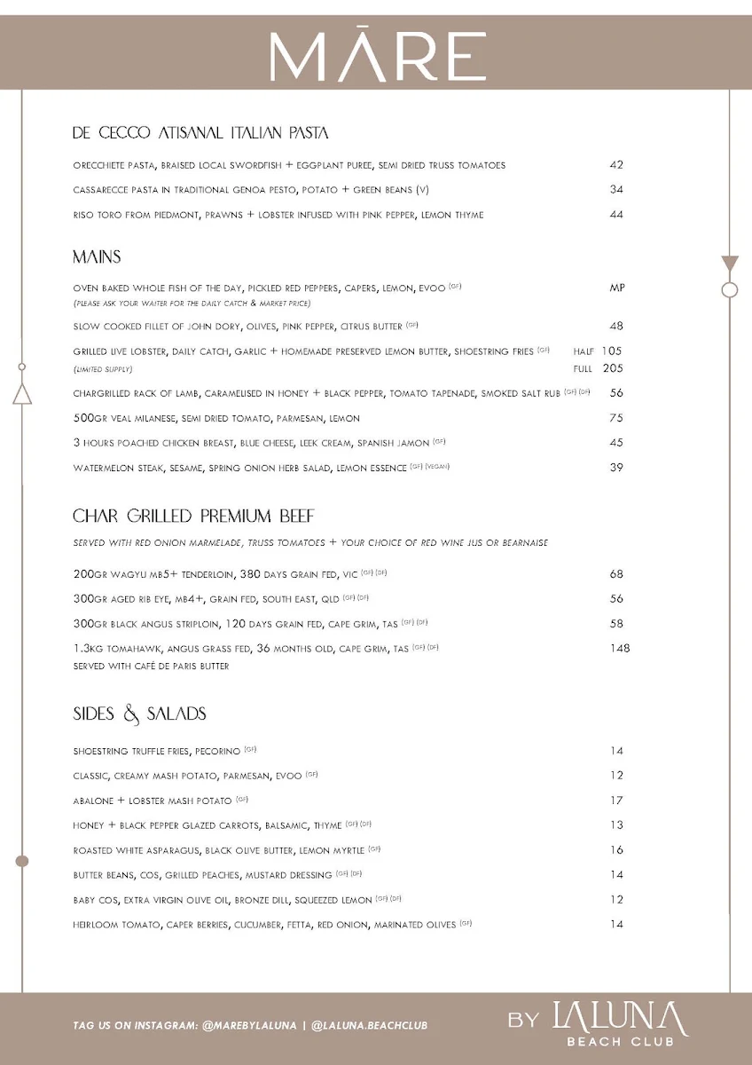 Menu, La Luna Beach Club